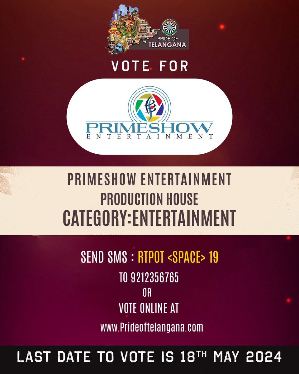 Every vote counts, including yours 🤗 Proud to be nominated for 'Pride of Telangana Awards 2024' in Entertainment category ❤️‍🔥 To Vote for #PrimeshowEntertainment Click on the link below 👇🏻 - prideoftelangana.com/show-candidate… Or Send SMS : RTPOT <SPACE> 19 to 9212356765