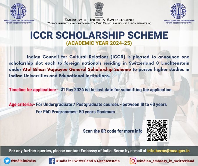 Announcement : Indian Council for Cultural Relations (ICCR) Scholarships for 2024-25.

Atal Bihari Vajpayee General Scholarship Scheme

Lata Mangeshkar Dance & Music Scholarship Scheme

Applications can be submitted through the ICCR's A2A Portal a2ascholarships.iccr.gov.in