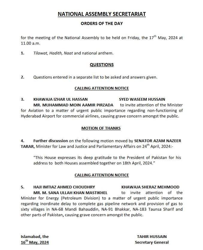 Orders of the day for the meeting of the National Assembly to be held on Friday, the 17th May, 2024 at 11:00 a.m. #NASession