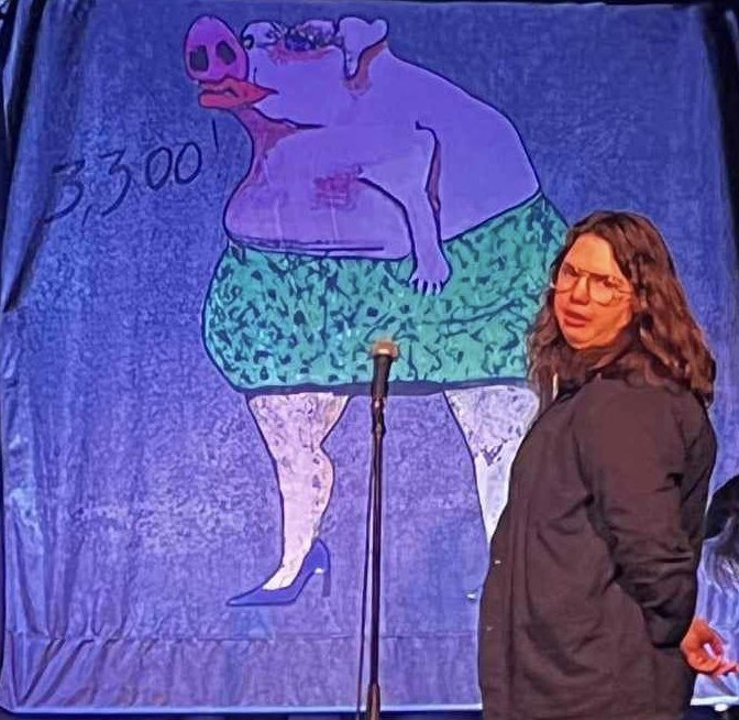 First show at <a href="/BrisComedyFest/">Brisbane Comedy Festival</a> went great despite what my face is saying. 3 more chances to come see Concrete Pigs before I put the ol girl to bed!