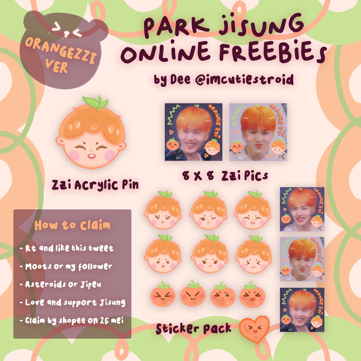 ☆ PARK JISUNG ONLINE FREEBIES ☆
by @imcutiestroid

It's my birthday ෆ˙ᵕ˙ෆ, so I'm giving this special gift to my fellow Asteroids (Jipeu). I designed everything with love, please take care of it ❤︎ꔛ❜

☆ RT & likes are very appreciated!♡
→ Read 'How to claim'
📍Bekasi 🇮🇩