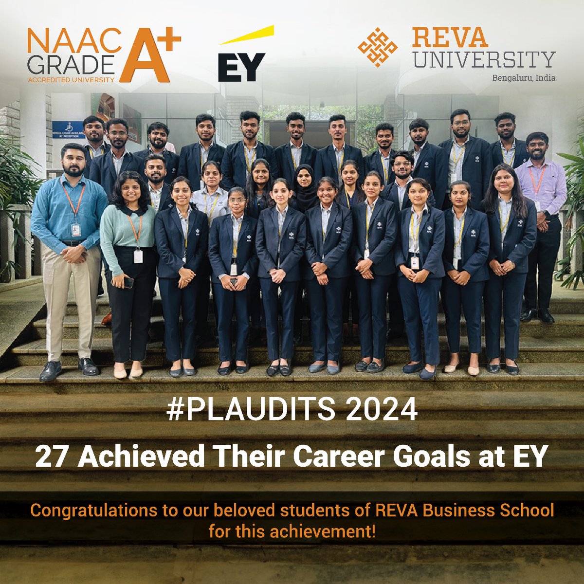 Shining Bright at EY! Congratulations to 27 students from REVA University on securing Dream Offers at EY. A proud moment for our students and REVA Business School! Best wishes for a bright future ahead.

#DreamJobs #DreamOffers #EY #REVAUniversity #lifeatREVA #BusinessSchool