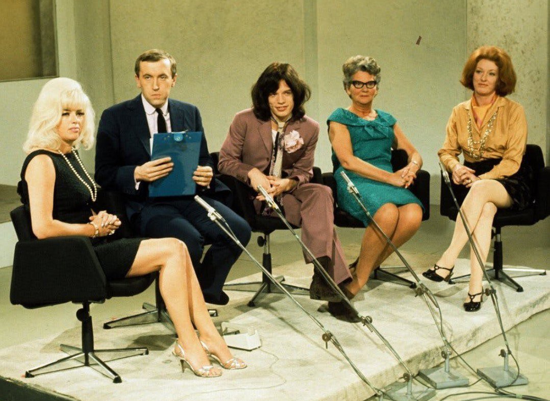 'Frost on Saturday' TV programme 1968. L-R: Diana Dors, David Frost, Mick Jagger, Mary Whitehouse and Audrey Slaughter. Mary has the textbook 'matronly' look down pat. Audrey was editor of teen mags Honey, Petticoat and Over 21. Every one of them except Mick gone now.
