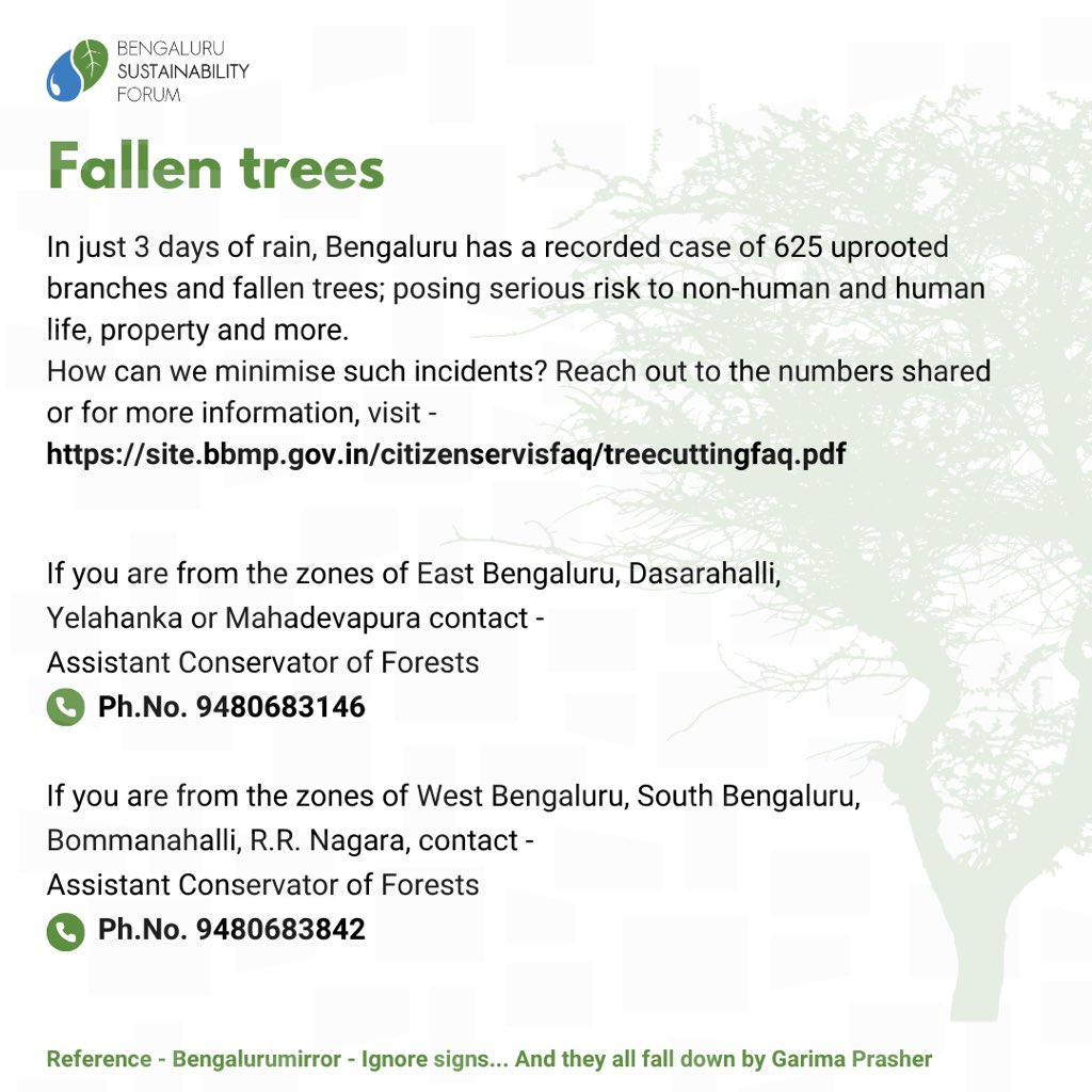 After just 3 days of rain, Bengaluru saw 625 fallen trees and branches! Let's keep our city safe and learn how to help prevent these incidents. For tips and more info, visit: site.bbmp.gov.in/citizenservisf…