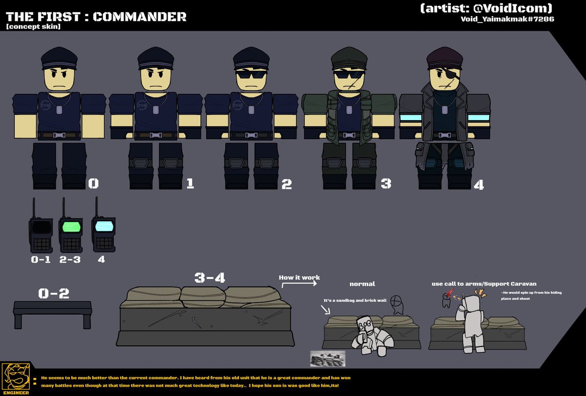 Concept skin: the first commander

[ If there was a skin for commander in the roblox classic event, it would be great🤯 ]
#towerdefensesimulator