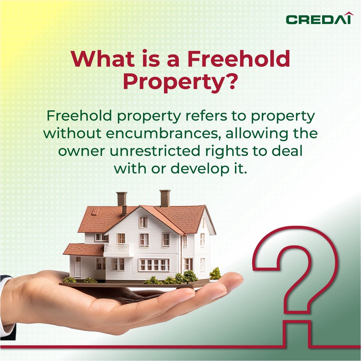 Understanding Freehold Property: Ownership without limitations or encumbrances. #CREDAI #CREDAINational #FreeholdProperty #RealEstateOwnership #PropertyInvestment #RealEstateTips #PropertyLaw #HomeOwnership @MCHI_President @CREDAINational @CREDAIPresident @bani_g_anand