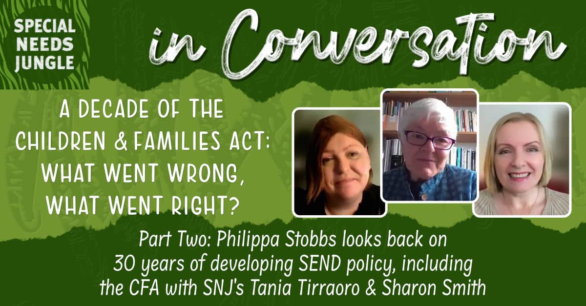 NEW Episode of SNJ in Conversation with doyenne of SEND, Philippa Stobbs OBE, frmr Ass. Dir. @CDC_tweets: In our #CFA2014decade series, @TaniaLT @sharon_l_smith hear from Philippa about the wins & losses of the CFA, and what stinks about schools today… specialneedsjungle.com/conversation-1…