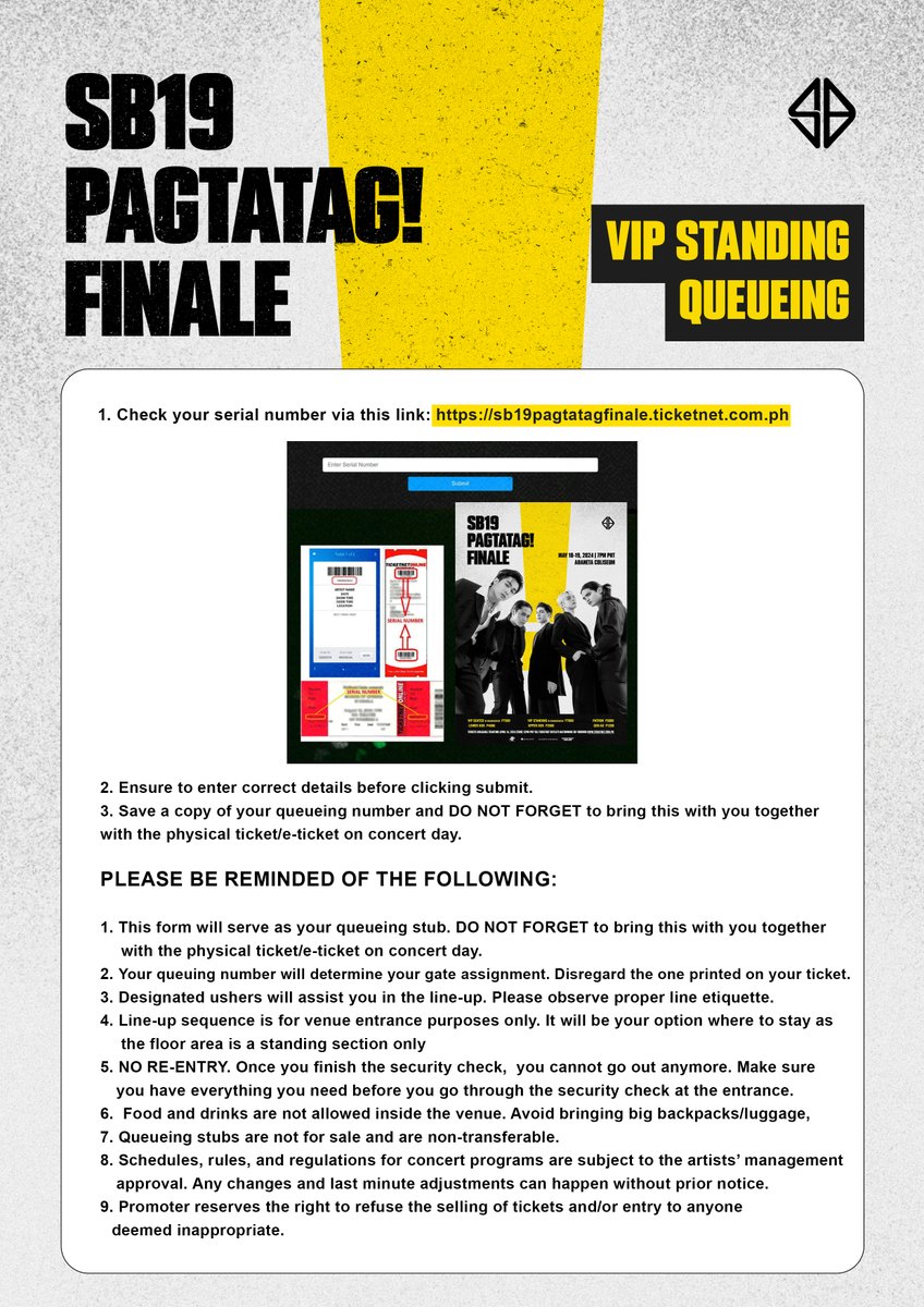⚠️ SB19 PAGTATAG! VIP STANDING QUEUEING GUIDELINES

📢 For our VIP Standing Ticket holders, we've prepared a comprehensive guide to ensure that you have the best concert experience possible. Please take a moment to review the guidelines provided below. This guide will help you