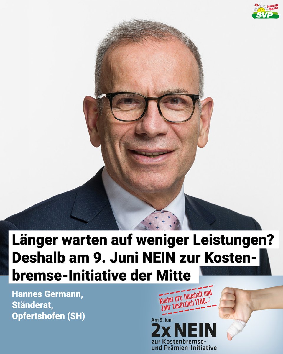 Die Kostenbremse-Initiative der Mitte ist untauglich, ja schädlich. Damit der realistischere indirekte Gegenvorschlag in Kraft treten kann, muss die Kostenbremse-Initiative am 9. Juni abgelehnt werden. 👉🏻 svp.ch/aktuell/publik…