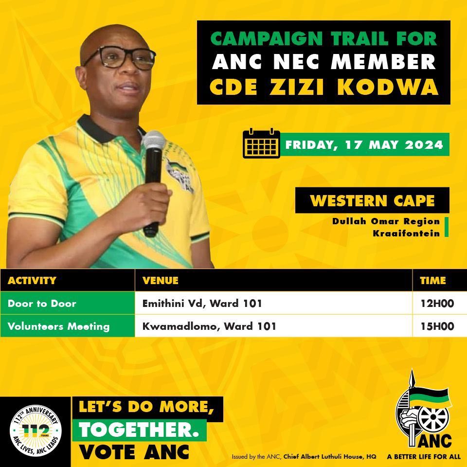 Get ready Western Cape ⁦@MYANC⁩ ⁦@zizikodwa⁩ ⁦@MbalulaFikile⁩ ,,, Vote Anc on the 29th of May ,,, I am voting ⁦@MYANC⁩ ,,, it is the right thing to do