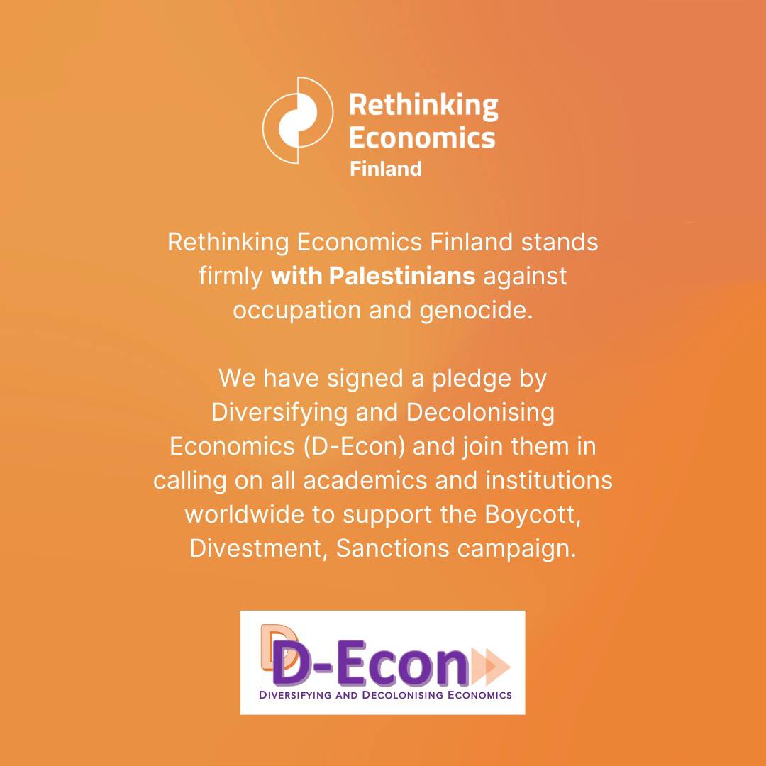 Rubén Vezzoni (@rubenvezzoni) on Twitter photo As <a href="/RethinkEconFI/">Rethinking Economics Finland</a>, we joined <a href="/DivDecEcon/">Diversifying and Decolonising Economics (D-Econ)</a> in solidarity with Palestinians against occupation and genocide. Sign the <a href="/BDSmovement/">BDS movement</a> pledge for economists and dissenting voices here 👇🏼🇵🇸
d-econ.org/bds-pledge/ As <a href="/RethinkEconFI/">Rethinking Economics Finland</a>, we joined <a href="/DivDecEcon/">Diversifying and Decolonising Economics (D-Econ)</a> in solidarity with Palestinians against occupation and genocide. Sign the <a href="/BDSmovement/">BDS movement</a> pledge for economists and dissenting voices here 👇🏼🇵🇸
d-econ.org/bds-pledge/