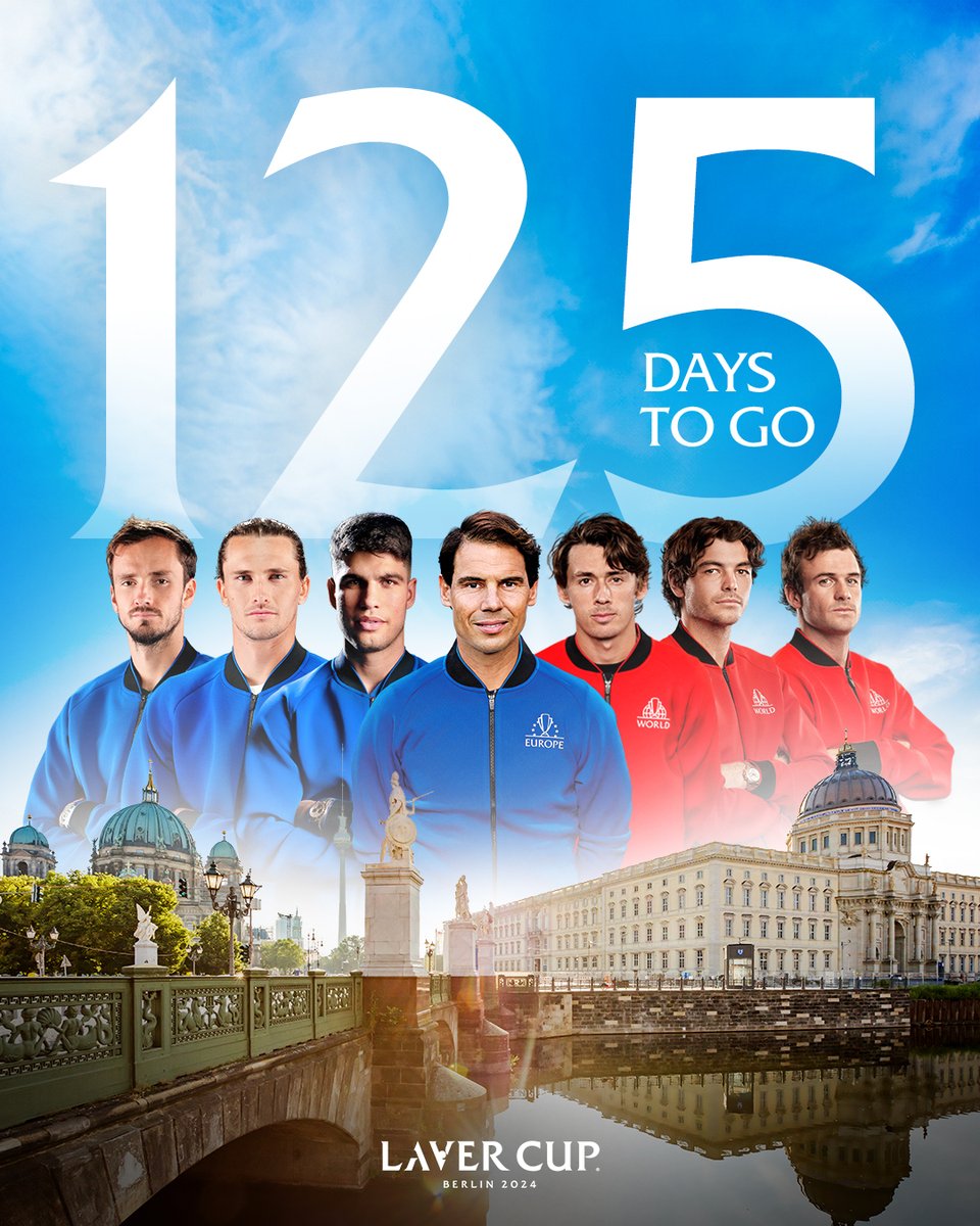 125 days to go until Laver Cup at Uber Arena in Berlin from September 20-22, 2024. Nadal, Alcaraz, Medvedev, and Zverev are set to take on De Minaur, Fritz, and Paul. Additional players to be announced. Single-Session tickets are on sale now: bit.ly/3UF2sxg