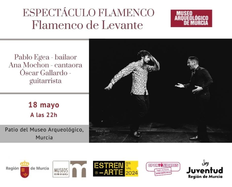 mundojovenRM's tweet photo. Con motivo de la Noche de los Museos, el sábado 18 de mayo en el Museo Arqueológico de Murcia tendrá lugar el espectáculo "Flamenco de Levante"
📅 Sábado 18 de mayo.
📍 Museo Arqueológico de Murcia.
🕐 22:00h.
🎫 Entrada libre hasta completar aforo.
#museo #murcia #estrenarte https://t.co/gCyyCgo5xu