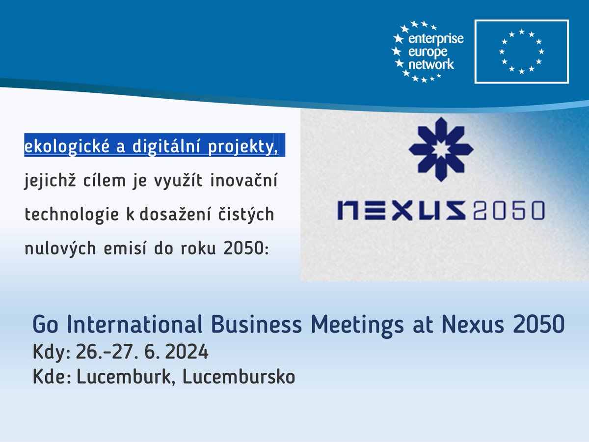 Zažijte dny plné objevování, inspirace, učení a příležitostí k navazování nových kontaktů a partnerství na nové konferenci #NEXUS2050 v Lucemburku!
Detaily a registrace: lnkd.in/e7RSyNMZ
#GoInternational #EEN #EENCanHelp