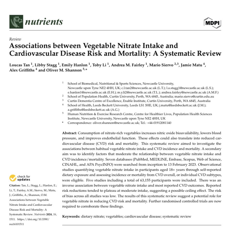 ⭐️Congratulations to our @NCLDietetics students Loucas, Libby, Emily & Toby on publishing your dissertation project ⭐️ 🥬 SR: Small ⬆️ in consumption of nitrate-rich vegetables (e.g., 1 portion/d) is associated with lower CVD incidence & mortality 🔗: mdpi.com/2072-6643/16/1…