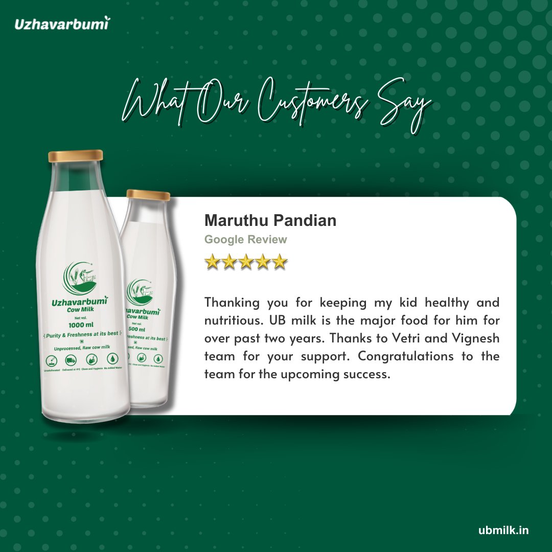 Your feedback fuels our growth! Share your thoughts and experiences about Uzhavarbumi fresh cow milk with us. #CustomerReview 
.
.
.
#Uzhavarbumi #WeServeWhatYouDeserve #happycustomer #customerfeedback #freshmilk #bottlemilk #homedelivery #chennai #milk