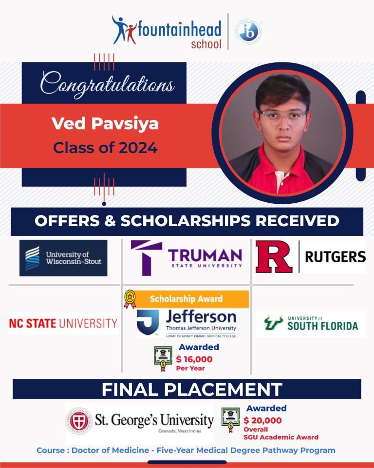 Congratulations to Ved Pavsiya for receiving offers from 7 prestigious universities & scholarships from 2. We're happy to see him choose St. George University of Grenada in partnership with Northumbria University Newcastle for a Doctor of Medicine Program! @iborganization