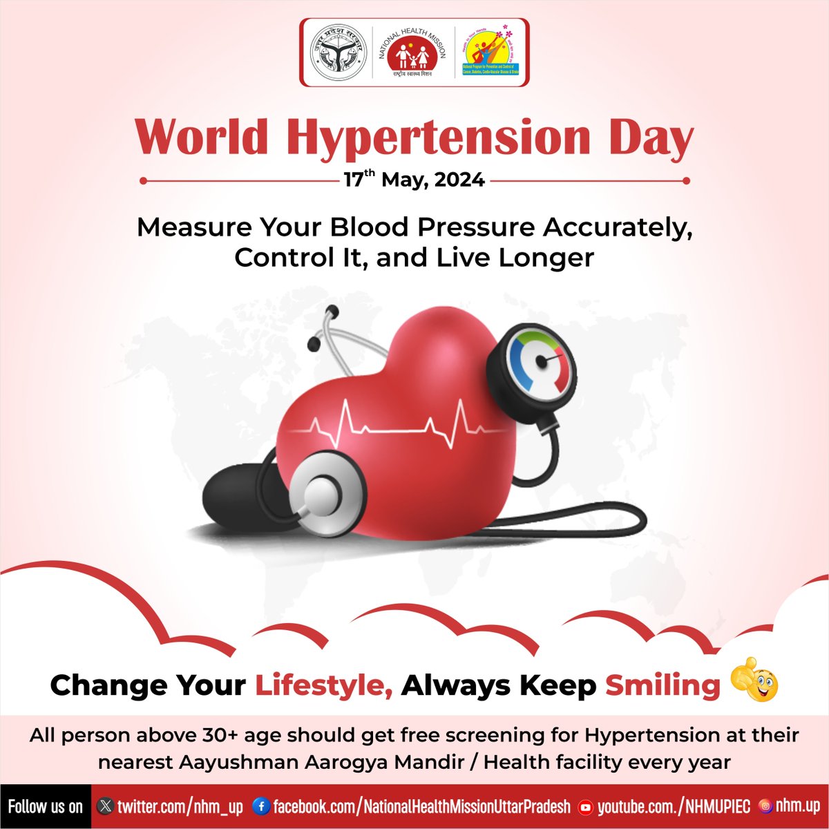 Having #hypertension can increase risk for #heartdisease and #stroke. 

Staying away from intoxicants and following a healthy lifestyle can keep us #Healthy, Happy & fit.

Change Your Lifestyle, Always Keep Smiling😊

#WorldHypertentionDay
#BeatNCDs
#Healthylifestyle