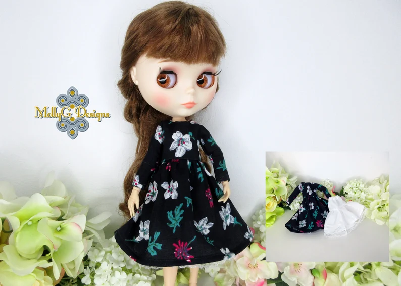 Dress For Blythe Floral navy dress and petticoat, handmade for Blythe . Available via link in bio or comment below #etsy #MHHSBD #blytheoutfit