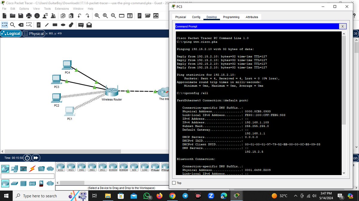 CyblackX Cisco Academy February 2024 Cohort: WEEK 13 NETWORK BASICS: Module 17: Network Testing Utilities -In this module, I was able to identify an incorrect configuration on a PC and Ping the web server from a PC with connectivity issues. Thank you @Cyblackorg & @ireteeh