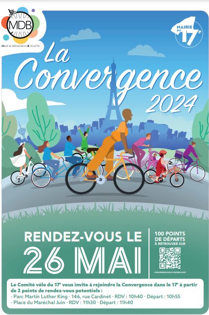 🚴‍♀️🚴‍♂️Avec le #ComitéVélo #Paris17 rejoignez dans le 17e la Convergence organisée par @MDBIDF 2 points de RDV au choix : - Parc Martin Luther King 146, rue Cardinet RDV à 10h40, Départ à 10h55 - Place du Maréchal Juin RDV à 11h30, Départ à 11h40 Cc.: @geoffroyboulard