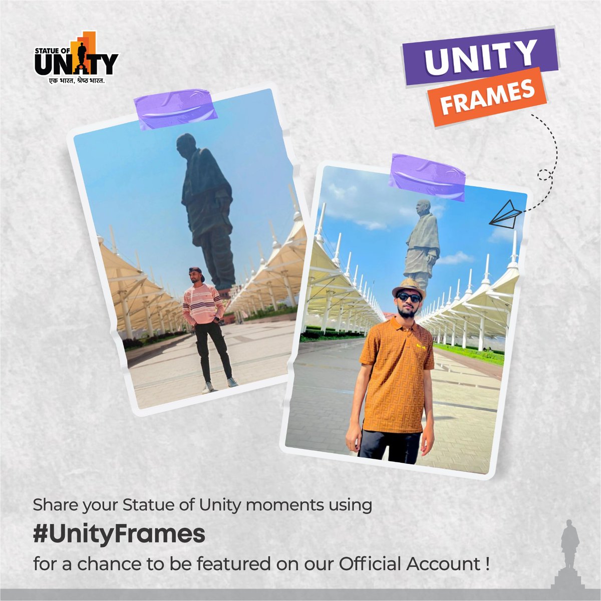 Capture the essence of unity at the #StatueOfUnity and be part of our exclusive #UnityFrames collection!!

Immortalise your visit and symbolize the strength of togetherness against the stunning backdrop of the world's tallest statue at #EktaNagar !!

#UnityInDiversity