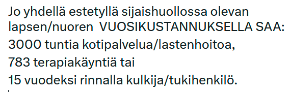 Yli 20 000 lasta ulkoistettu sijaishuoltoon
Yli 200000 ilmiantoa/v. 
N. 1,3 miljardia v. 

Miksi tämä malli l. #tukiperheille ei toimi Suomessa?
Miksi ei kelpaa #lastensuojelu asiantuntijoille?

Väestöliitto 11/2023