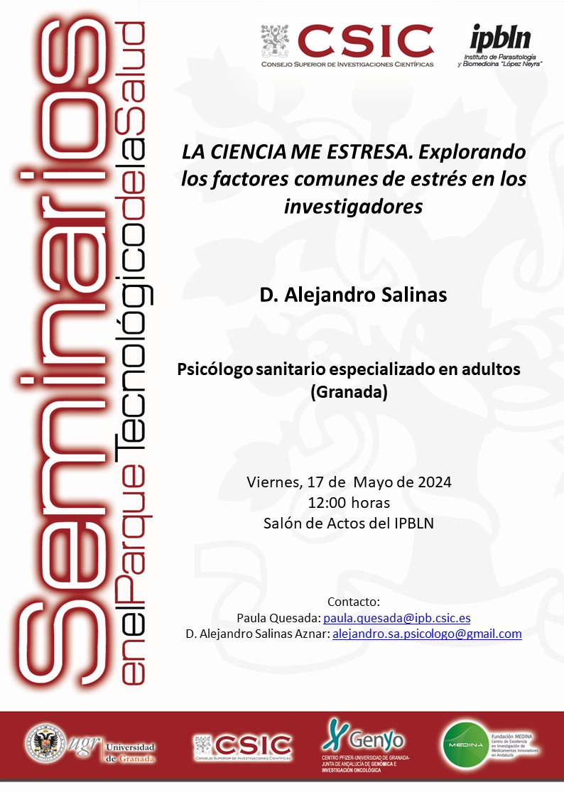 📢¡HOY #Seminario muy especial en el IPBLN! Alejandro Salinas nos visita: 'LA #CIENCIA ME ESTRESA. Explorando los factores comunes de #estrés en los investigadores' 📅 17 Mayo 🕛 12h 📍 IPBLN Más información en: 👉alejandropsicologia.com 👉linkedin.com/in/alejandro-s…