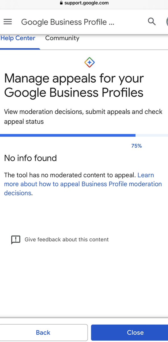 BocaGrandeFish's tweet photo. @GoogleMyBiz @GoogleMyBiz 

Hi Ben,
Thanks for all your help.
I have been stuck in this loop with the form. I followed the link you shared, but I had already tried this before finding you here. It’s not allowing me to submit “no moderated content to appeal”. Attached a screenshot. Please help https://t.co/8edoTEu7Sd