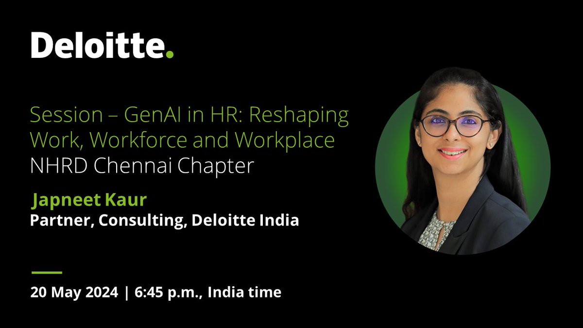 Join Japneet Kaur Sachdeva, Partner, Consulting, Deloitte India, as she talks about “GenAI in HR: Reshaping Work, Workforce and Workplace” at the “NHRD Chennai Chapter.”
 
Register now: deloi.tt/3wGexdE
 
#DigitalTransformation #Technology #GenAI #HR