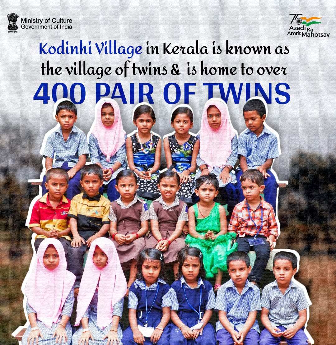 God's own village of twins!👯‍♀️

About 150km from #Kochi, #Kodinhi in #Kerala is home to 2,000 families. And there are at least 400 pairs of twins or more among those families.(1/2)

#AmritMahotsav

@KeralaTourism