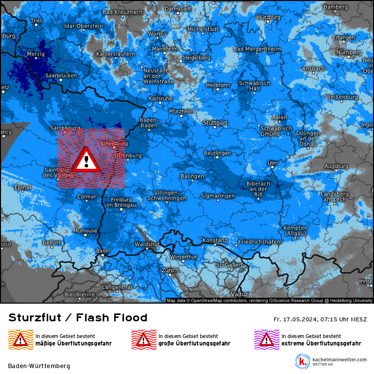 Unsere #FlashFlood / #Sturzflut Warnung springt jetzt immer öfter an, die größte im Moment im #Elsass. Alle im Südwesten bitte zunehmend jetzt im Auge behalten! Hier klicken und auf Warnsymbol für Infos: kachelmannwetter.com/de/flashflood/… /FA #Hochwasser #Unwetter
