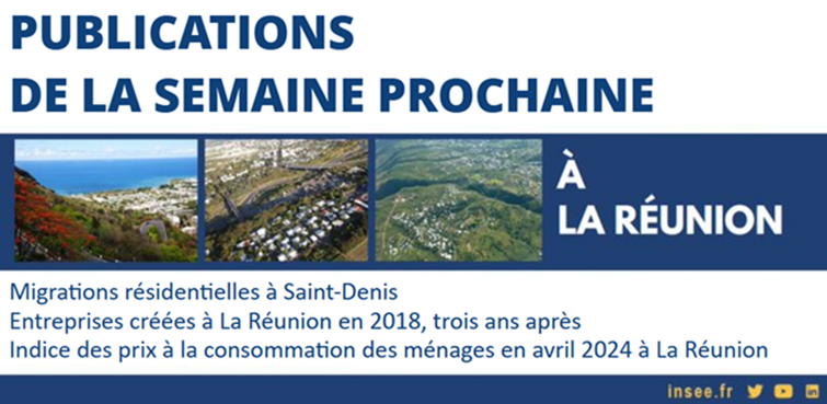 #Agenda
➡️ Ne manquez pas les publications de la semaine prochaine de l’@InseeOI à #LaRéunion
🗓️ mardi 21 mai
📖 Migrations résidentielles à Saint-Denis
🗓️ jeudi 23 mai
📖 Entreprises créées en 2018, 3 ans après
🗓️ vendredi 24 mai
🗓️ Prix à la consommation des ménages en avril