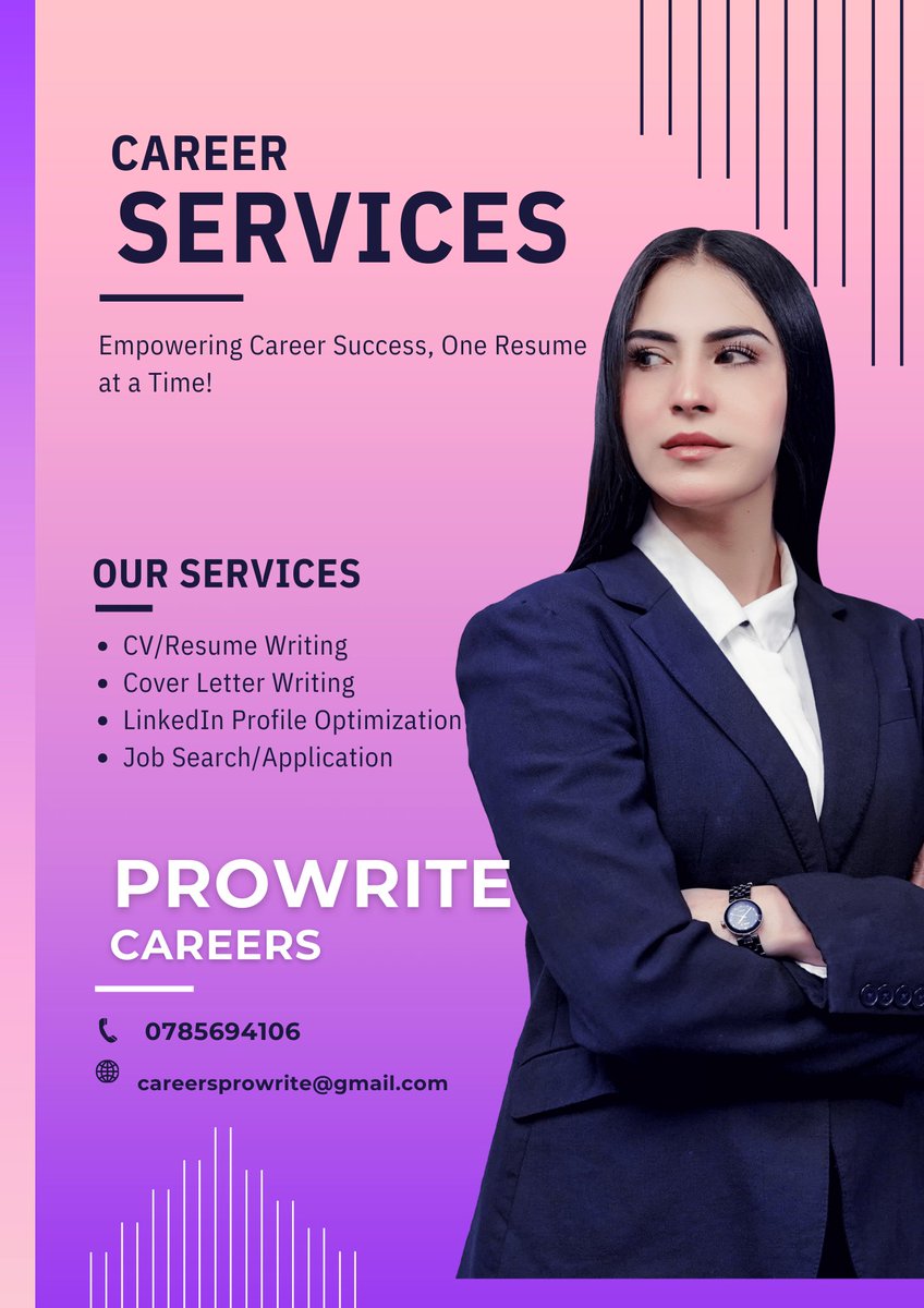 Struggling to land your dream job? Let us help you stand out! At ProWrite Careers, we specialize in:

✅ CV/Resume Writing
✅ Cover Letter Crafting
✅ LinkedIn Profile Optimization
✅ Job Search Assistance/Application

Call/WhatsApp us: 0785694106
Email: careersprowrite@gmail.com