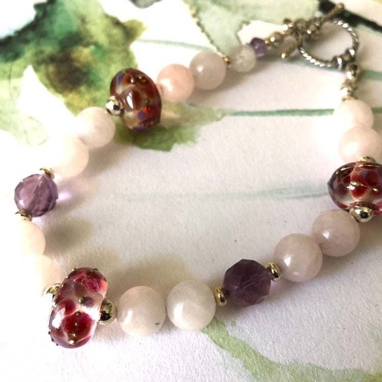 Pastel Lampwork and Rose Quartz Beaded Bracelet Feminine Jewelry Gift for Woman tuppu.net/5b7a9afd #CapitalCityCrafts #handmadeinUSA #Etsy #giftideas #artisanjewelry #GemstoneBracelet