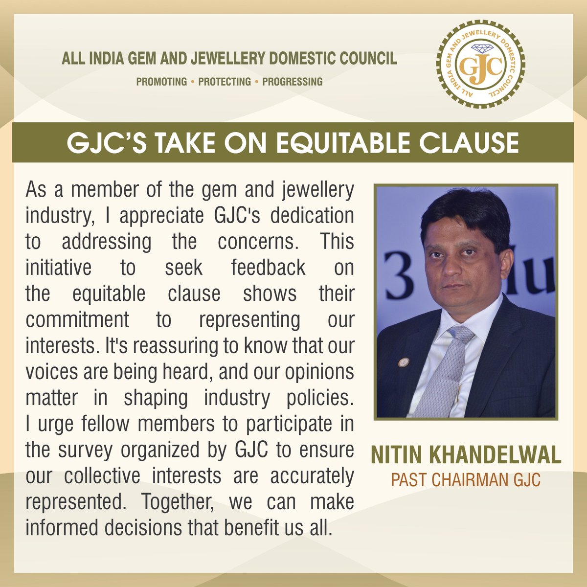 Dear Members,
We kindly request you to take this survey conducted by GJC in industries interest.
Survey Link: exhibitor.gjsindia.org/mumbai/Feedback

#GJC #EquitableClause #LegalProtection #jewellers #jewellersvoice