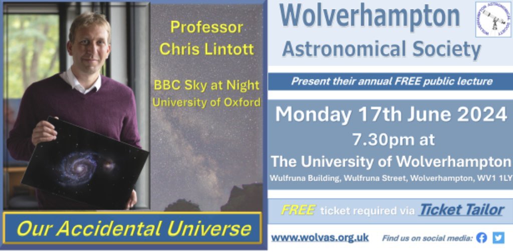 Wolves Astro Society (@wolvasuk) on Twitter photo Every year we hold a free public lecture. This year we are delighted to welcome <a href="/chrislintott/">chrislintott</a> back to Wolverhampton to talk to us about…
Our Accidental Universe
To attend please go to our website
wolvas.org.uk where you can book your free ticket. Every year we hold a free public lecture. This year we are delighted to welcome <a href="/chrislintott/">chrislintott</a> back to Wolverhampton to talk to us about…
Our Accidental Universe
To attend please go to our website
wolvas.org.uk where you can book your free ticket.
