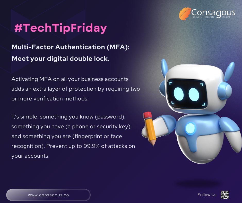 Stay safe and stay a step ahead with MFA! Implement MFA today and shield your data like a pro. 🛡️

Want more tips on protecting your business? 🔐 Follow @consagous for more updates!

#cybersecurity #protectyourdata #consagoustechnologies