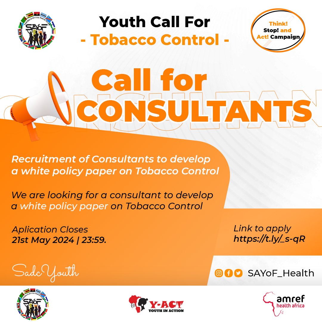 📢📢Call for Consultancy @SAYoF_Health Cluster is looking for a Consultant to develop a white policy paper on tobacco control Application🔗: docs.google.com/forms/d/e/1FAI…