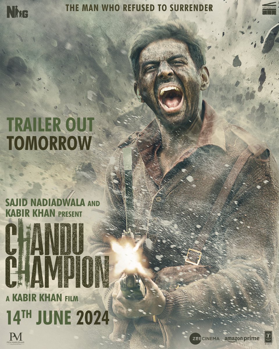 The man who refused to surrender 💪🏻🔥

#ChanduChampionTrailer OUT TOMORROW

#ChanduChampion Releasing in cinemas on
14th June, 2024

#SajidNadiadwala
#KabirKhan

@TheAaryanKartik @ipritamofficial
@NGEMovies #KabirKhanFilms @WardaNadiadwala @TSeries #PenMarudhar