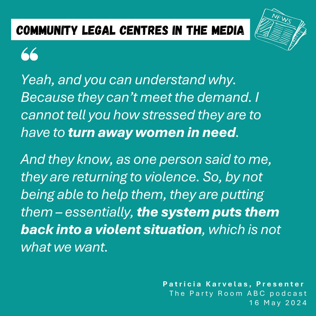 Fran Kelly and Patricia Karvelas discussed the failure of the 2024 budget to fund frontline services like community legal centres that prevent and respond to DFV in yesterday's Party Room ABC podcast.

Listen: abc.net.au/listen/program…

#FundEqualJustice #CommunityLaw