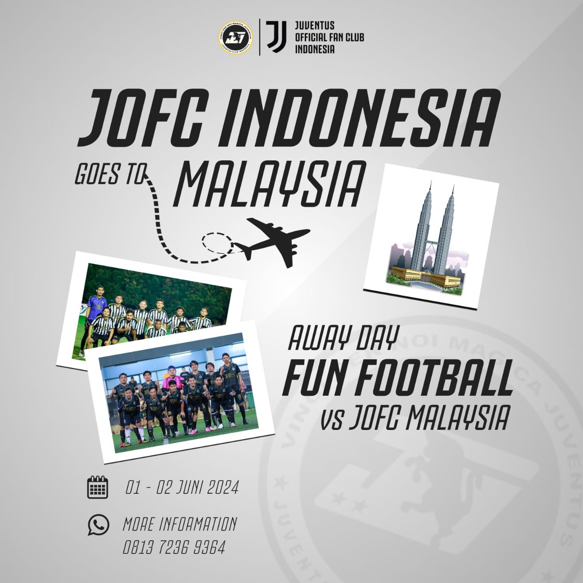 Juventini Indonesia (@jcindonesia) on Twitter photo AWAY DAY FUN FOOTBALL!
Setelah awal April lalu tim sepakbola <a href="/JCMalaysia/">JOFC Malaysia</a> main ke Jakarta, kali ini giliran kita, <a href="/JCIndonesia/">Juventini Indonesia</a> away day ke Kuala Lumpur.
Yang berminat tur silahkan menghubungi contact person yang tertera pada flyer.
Forza Juventus Club Indonesia, Forza Juve! AWAY DAY FUN FOOTBALL!
Setelah awal April lalu tim sepakbola <a href="/JCMalaysia/">JOFC Malaysia</a> main ke Jakarta, kali ini giliran kita, <a href="/JCIndonesia/">Juventini Indonesia</a> away day ke Kuala Lumpur.
Yang berminat tur silahkan menghubungi contact person yang tertera pada flyer.
Forza Juventus Club Indonesia, Forza Juve!