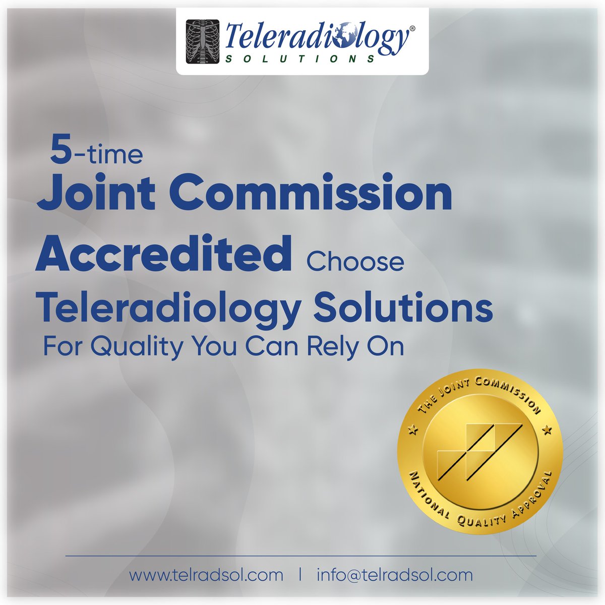 Experience quality assurance with Teleradiology Solutions – a Five-time Joint Commission accredited teleradiology service provider. Elevate your healthcare standards with our proven excellence.

Learn more about our services: telradsol.com/subspecialty-t…