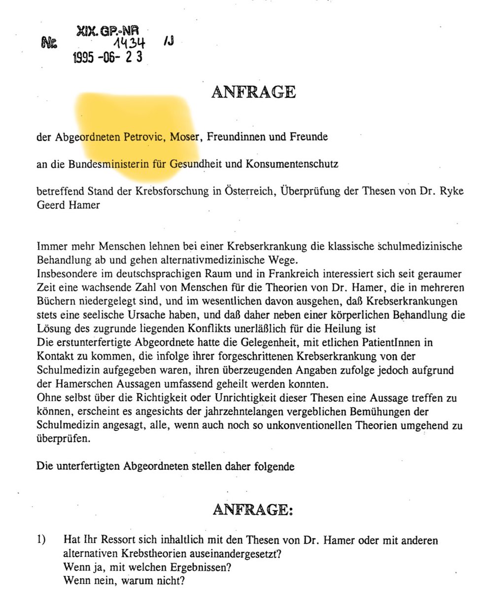 Vor 29 Jahren machte sich Madeleine #Petrovic für Ryke Geerd Hamer stark. Der war ein Gauner-Arzt und der Meinung, jüdische Ärzte vergiften alle Nichtjuden mit Impfungen und Chemos.

Manchmal dauert es halt, bis sich ein Kreis schließt.

#VölkischEesoterischerKomplex