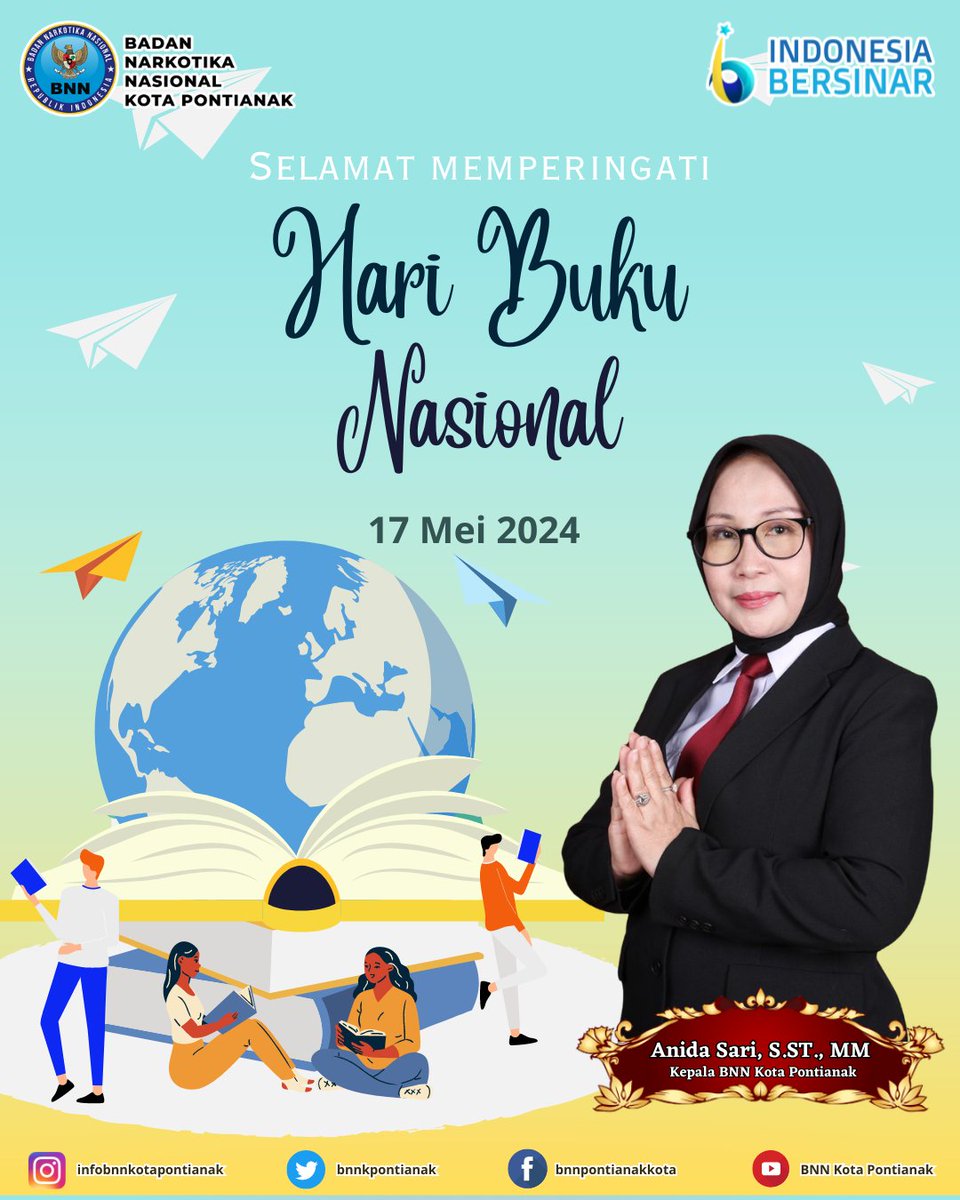 Kepala BNN Kota Pontianak Beserta Seluruh Staf mengucapkan Selamat Memperingati Hari Buku Nasional.

#SalamSehatTanpaNarkoba
#IndonesiaDrugFree
#IndonesiaBersinar