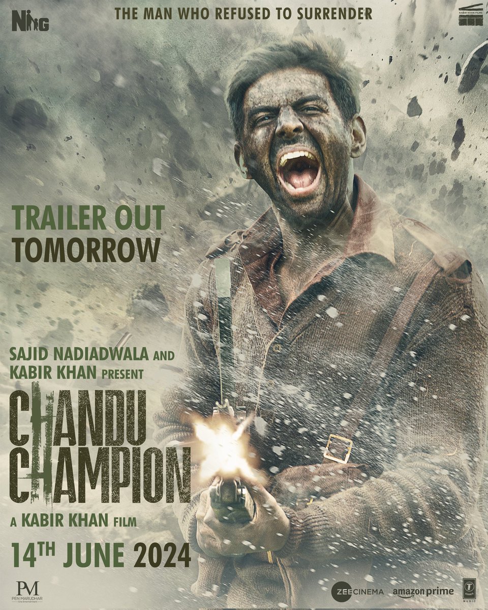 #ChanduChampion Trailer to be out tomorrow. 🇮🇳❤️✅ This is the very first time that we will see @TheAaryanKartik in the Army Uniform. 🥊🪖🎖️ What a braveheart poster. Impressive! 🔥🔥🔥 #ChampionAaRahaHai  #14thJune #KabirKhan #SajidNadiadwala  @ipritamofficial @NGEMovies