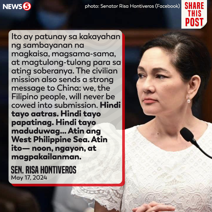 'ATIN ITO— NOON, NGAYON, AT MAGPAKAILANMAN' Ikinagagalak ni Sen. #RisaHontiveros ang matagumpay na civilian mission na pinangunahan ng 'Atin Ito' Coalition sa West Philippine Sea #WPS. #News5
