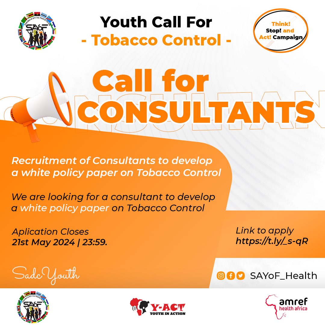 📢📢 Call for Consultancy. 

We are looking for a Consultant to develop a white policy paper on tobacco control. 

🔗 Application Link: docs.google.com/forms/d/e/1FAI…

#TobaccoControl 
#SADCYouth