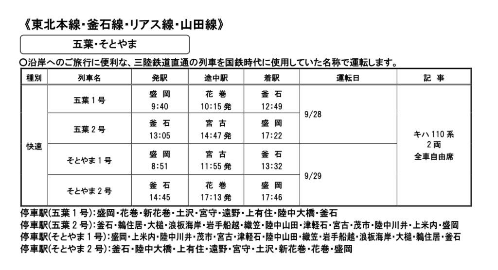 JR東日本の夏季の臨時列車。E257系の夜行特急「アルプス」が大きな注目を集めているけれど、個人的には盛岡〜釜石間を三陸鉄道リアス線と宮古線経由で走行する五葉2号・そとやま1号が結構気になる…