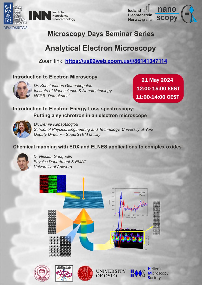 Mark the date! Webinar on: "Analytical Electron Microscopy" offered by our network. 
Date and time: Tuesday 21 May 2024 (start time 12:00 EEST/ 11:00 CEST). 
Zoom link: authgr.zoom.us/j/97017181612
#nanoscience #electronmicroscopy #eeaGrantsCommunity #workingtogether #eeaGrantsGR